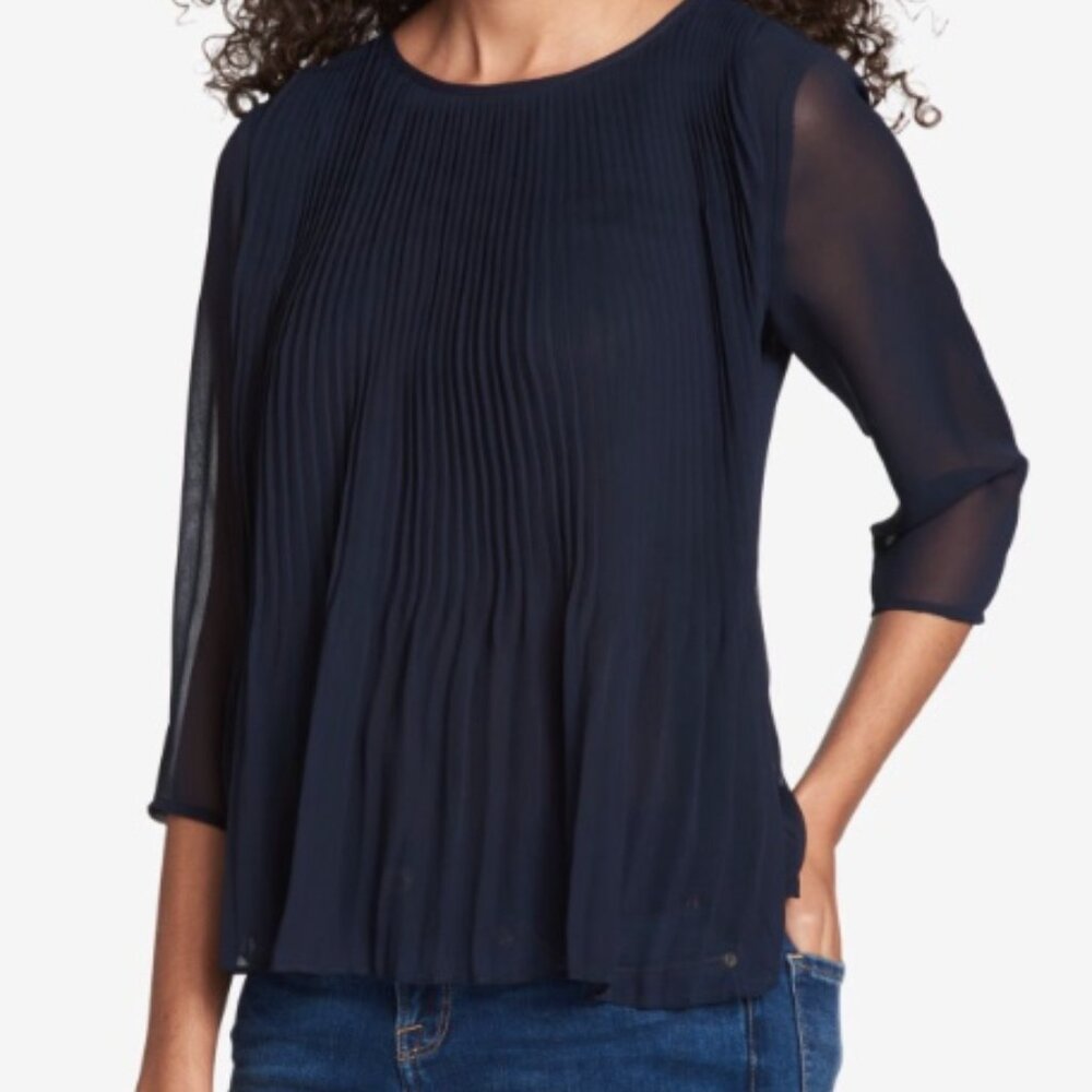 TOMMY HILFIGER Womens Navy Pleated Illusion Sheer Top SZ: Large